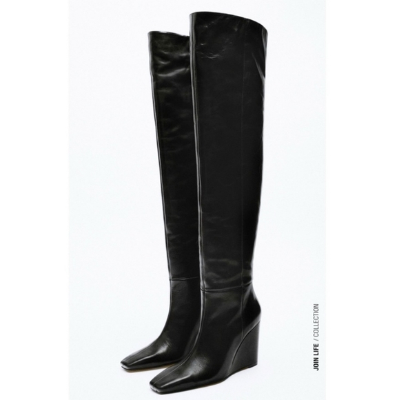 NWT Zara Leather Over The Knee Wedge Heel Boots, Size 7.5 - Picture 7 of 17